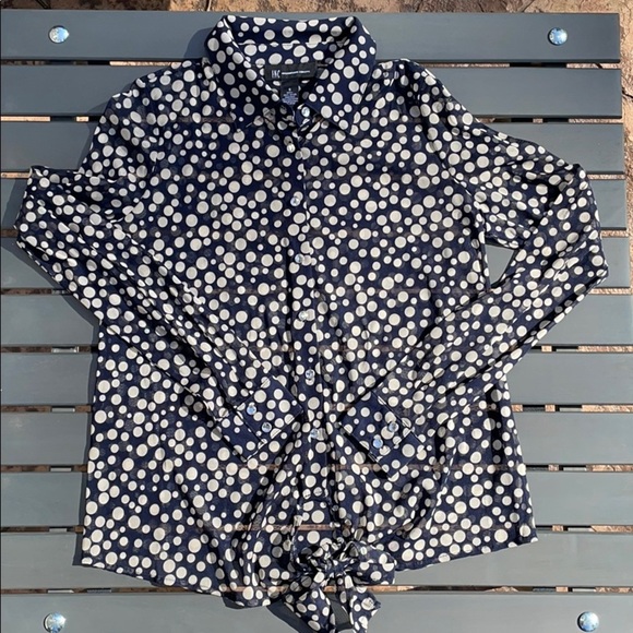 INC women’s navy polka dot button down shirt size small - Picture 3 of 8